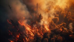 Burning forest fire creates inferno nature generated by ai